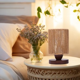 Rattan Table Lamp,Boho Small Beside Lamp,Mini Farmhouse Table Lamp for Room Decor,Vintage Wicker Wooden Nightstand Bamboo Woven End Table Lamps for Living Room Bedroom Desk Kids Room,LED Bulb Included