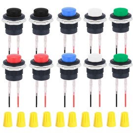 MKBKLLJY Pack of 10 16 mm Red/Blue/Green/Black/White Push Button Switch SPST 3A 250V AC/6A 125V AC 2Pin Self-Reset Switch with Locked Terminals Wires and Wiring Cap for Car
