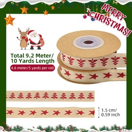 Christmas Ribbon 2 Rolls, Brown Xmas Gift Wrapping Ribbon Craft Cotton Ribbon Tape Christmas Tree Star Ribbons, 9.2M/10 Yd Christmas Ribbons for Gift Wrapping/Crafts/Xmas Tree Bows Cakes Cards Decor