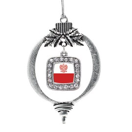 Inspired Silver - Polish Flag Charm Ornament - Silver Square Charm Holiday Ornaments with Cubic Zirconia Jewelry