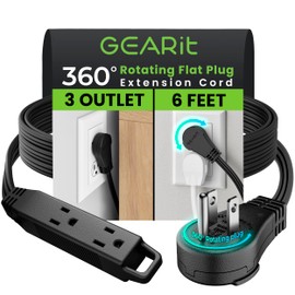 GEARit 360 Rotating Flat Plug Extension Cord (6ft, Black) Multi 3-Outlet Extension 16 AWG Wire, Adapter for Small Spaces, Right Angle Socket, ETL Certified - 6 Feet