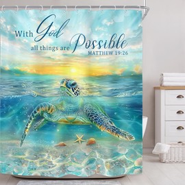 Riyidecor Sea Turtle Bible Verse Shower Curtain for Bathroom Decor 60Wx72H Ocean Beach Christian Underwater Animal Quotes Nautical Coastal Art Printed Fabric Polyester Waterproof 12 Pack Plastic Hooks