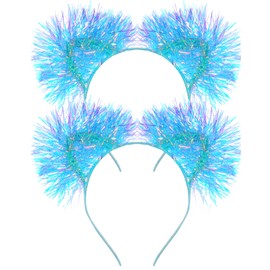 2 Pcs Tinsel Pom Pom Headband Fluffy Ball Hair Loop Blue Feathers Headwear for Costume Cosplay Party School Festivals