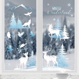 Yovkky Christmas Window Clings 4 Sheets, Winter Wonderland Snow Deer Elk Stickers Decals Decor, Xmas Tree Snowflakes Reindeer Holiday Home Kitchen Decorations