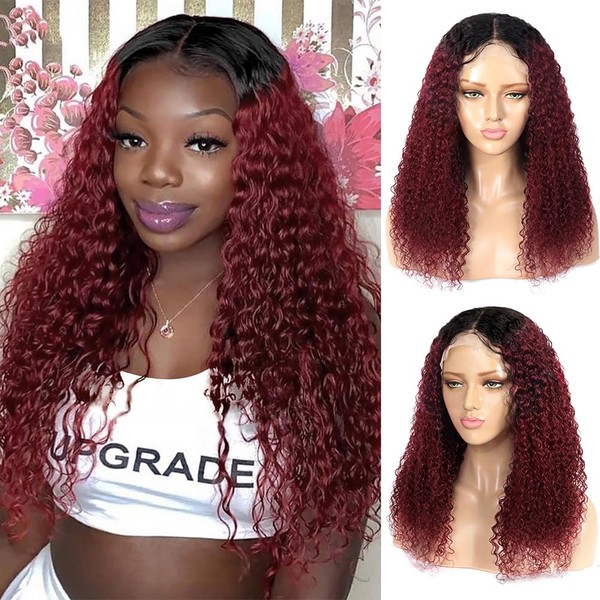 ALISFEEL Ombre Human Hair Wig With Baby Hair Burgundy Brazilian Kinky Curly Wig 13x4 Lace Frontal Human Hair Wigs Pre Plucked Colored Lace Front Wigs For Women (1B/99j, 20")