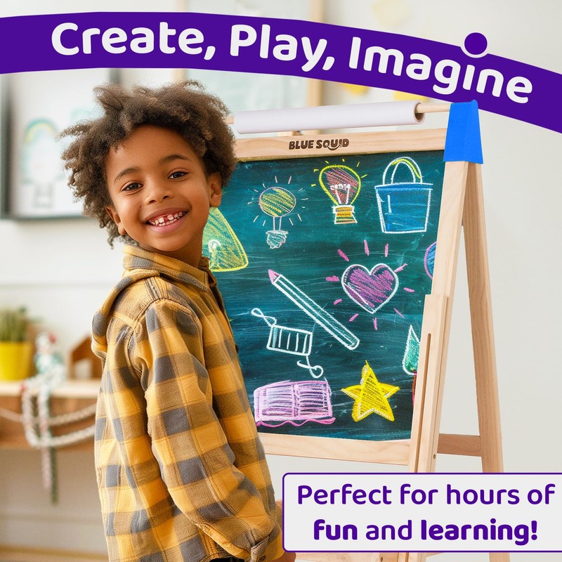 Blue Squid Art Easel for Kids - Dual-Sided Adjustable Wooden