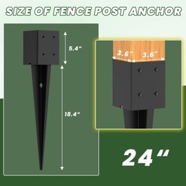 TAYORY 6 Pcs 4"x4" Fence Post Anchor Ground Spike 24"(Actual: 3.6"x3.6") Heavy Duty Metal Fence Post Anchor, Black Powder-Coated, for Fence,Deck,Bird Feeder,Railing,Mailbox