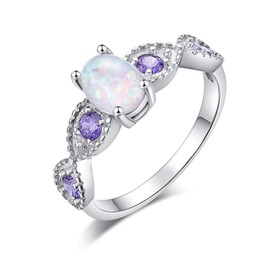 CiNily 18K Gold Plated Opal Ring-White Fire Opal & Amethyst & Cubic Zirconia Women Jewelry Gemstone Engagement Anniversary Ring Size 5-13, 10, white gold plated bass, Created Opal
