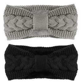 Telgoner Women's Winter Headband, 2 Pieces, Knitted Headband, Ear Warmers, Elastic, Thick Headwrap Headband for Women / Girls (Dark Grey + Light Grey)
