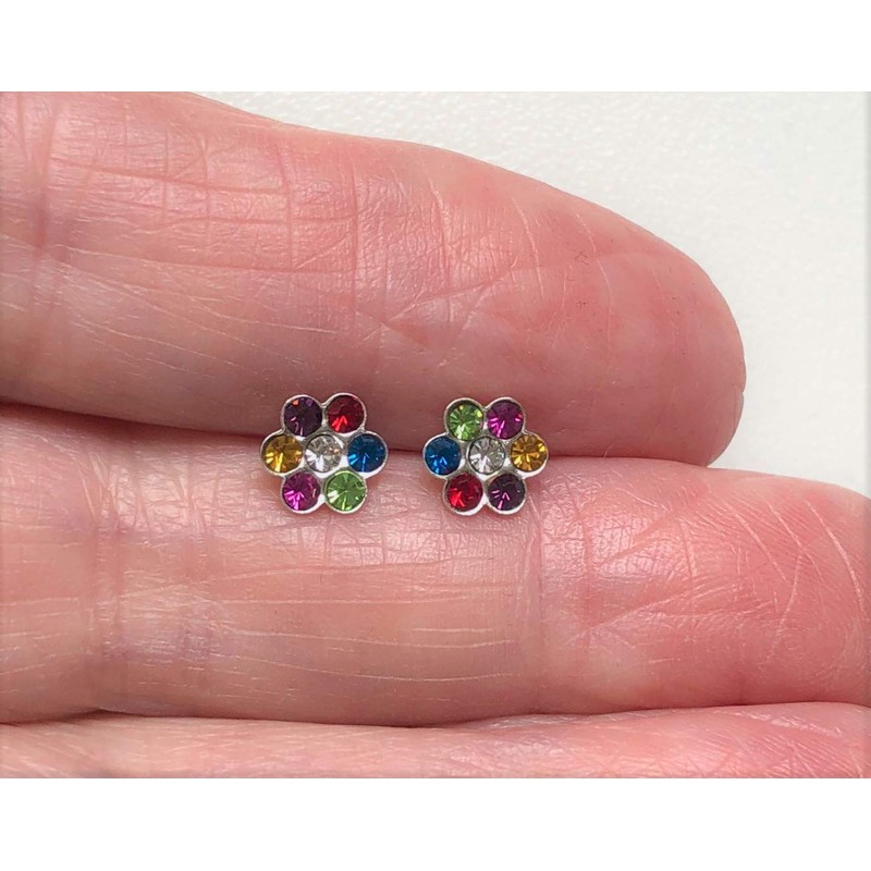 Rainbow Flower Earrings - Sterling Silver with Crystal Stones Gift