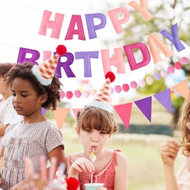 CANREVEL Pre-Strung 3D Happy Birthday Banner, 3 PCS Pink and Purple Happy Birthday Felt Garland, Pom Pom Garland, Triangle Fabric Bunting, Reusable Purple and Pink Decorations