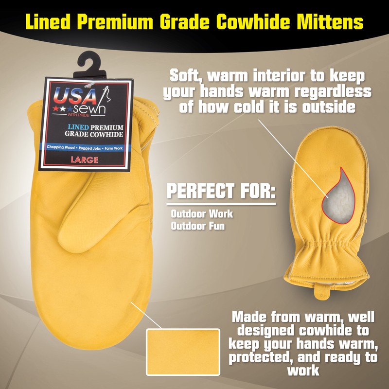 American Made Cowhide Leather Pile Lined Chopper Mitt Gloves ,