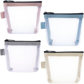 BEIQIYA 4pcs Mini Mesh Makeup Bags, Small Zipper Mesh Makeup Bags, Portable Cosmetic Pouch for Woman Purse Lipstick Keys Essentials Items Earphone Bank Cards- Blue & Pink & Yellow & Gray