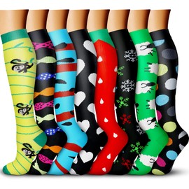 Calcetines de compresión de 15 a 20 mmHg es el mejor atlético para hombres y mujeres, correr, vuelo, viajes, enfermeras embarazadas, 16 (8 pares) verde/negro/azul/negro/rojo/negro/amarillo, L-XL