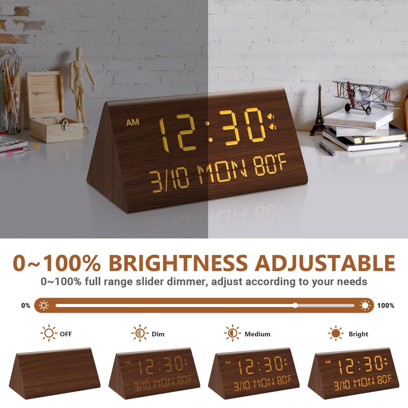 Kogonee Wooden Digital Alarm Clock, 0-100% Dimmer, 2 Alarm Settings,
