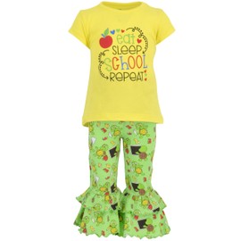 Unique Baby- Conjunto de pantalón con volantes de regreso a la escuela para niñas y Trajes para el primer día de clases con "Eat Sleep School Repeat' estampado