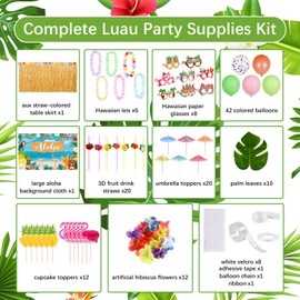 Auihiay 143 PCS Aloha Party Decorations, Luau Party Decorations with Hawaiian Table Skirt, Leis, Balloons, Aloha Backdrop, 3D Straws, Palm Leaves and More, Tropical Birthday Party Decorations