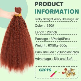 XIIMENALU Kinky Straight Wavy Braiding Hair for Boho Braids, Wet and Wavy Bulk Hair for Braiding, No Weft, Yaki Straight Bulk Hair for Micro Braiding, Rebundle Braids (350#, 20 Inches (3 Pack (6