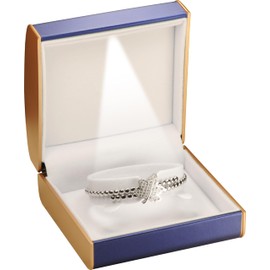 LED Bangle Bracelet Box Luxury PU Leather Dome Top with Gold Color Painting on the Sides Bracelet Bangle Anklet Jewellery Gift Storage Holder Box with Light for Women for Men (1, Blue)