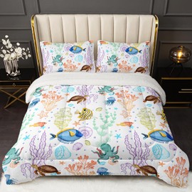 XYNHML Turtle Sherpa Fleece Comforter Set Full Ocean Watercolor Sea Turtle Fluffy Sherpa Bedding Set Tropical Fish Marine Life Bed Set with 2 Pillowcases for Kids Room Decor