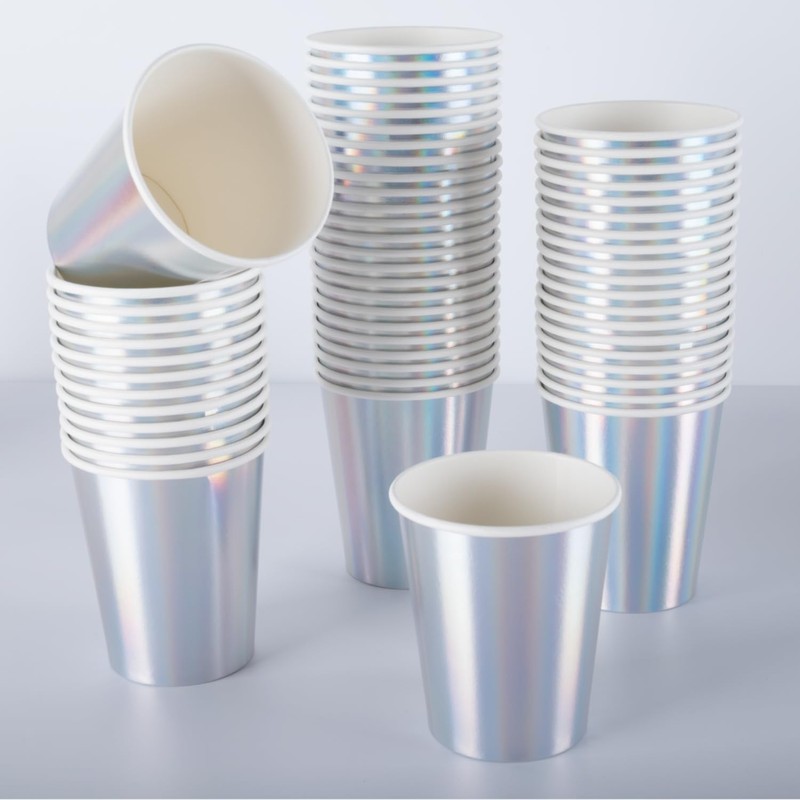 CEILIWEN 100 Pack 9oz Iridescent Holographic Rainbow Paper Cups -