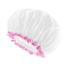 White Shower Cap for Women, Waterproof Reusable Hair Caps for Ladies and Girls, Medium Double-layered Washable Bath Caps for Thick Hair 2 Packs (Pink Edge)