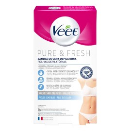 Hojas de cera depilatoria Axilas y bikini Veet Pure & Fresh Piel Sensible 16U Incluye toallitas