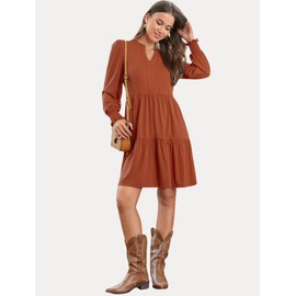 YZEGGO Fall Dresses for Women 2025 Casual V Neck Long Sleeve A Line Midi Dress Ruffle Flowy with Pockets