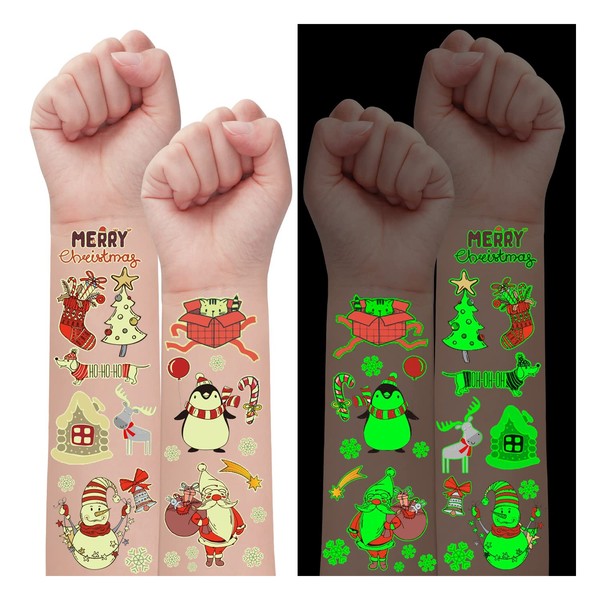Partywind 10 Sheets Luminous Christmas Temporary Tattoos for Kids Stocking Stuffers and Gifts, Christmas Party Decorations Supplies Favors for Birthday, Xmas Holiday Stickers Games Toys for Boys Girls