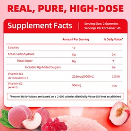 ORGMO ORGMO D3 K2 Vitamin 10000 IU Supplement Gummies Sugar Free for Women Adult Muscle Teeth Immune Support 90 Counts, Peach Flavor