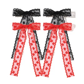 XFYUZR 4PCS Black and Red Lace Bow Clip for Women Girls,Big Tassel Ribbon Bowknot with Long Tails,Ponytail Holder Hair Bows Metal Clips,Tulle Lace Hair Accessories