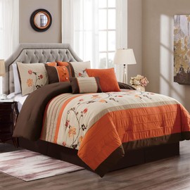 Chezmoi Collection Serene 7-Piece Luxury Autumn Floral Embroidery Comforter Set, California King, Orange/Brown/Taupe