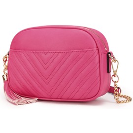 Lola Mae Quilted Crossbody Bag, Trendy Design Shoulder Purse (Fuchsia)