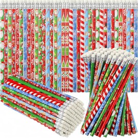 KAHEIGN 96Pcs Christmas Pencils with Erasers, 12 Styles Cartoon Snowman Candy Santa Claus Reindeer Christmas Tree Assort Wood Pencils for Kids Xmas Stocking Box Fillers Party Favors (19 x 0.8cm)