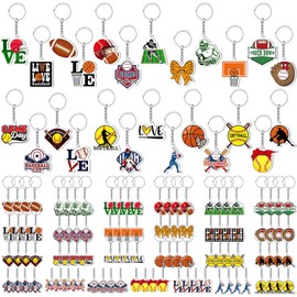 Sports Keychains Bulk 100 Pack, Acrylic Football Baseball Basketball and Softball Key Rings for Team Party Favors and Game Day Gifts