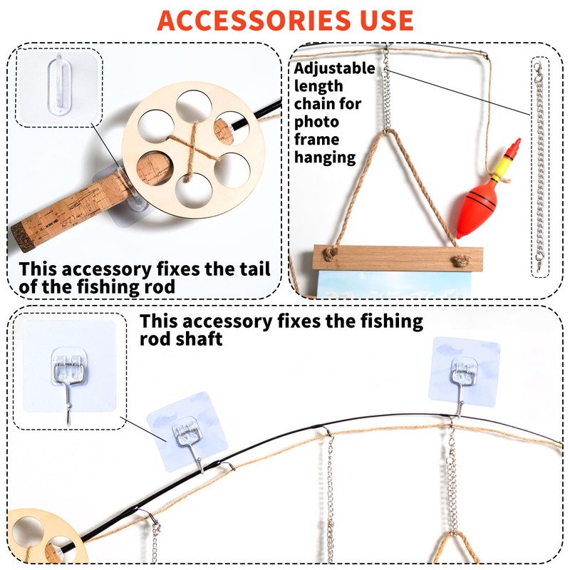 RELIY Wood Fishing Pole Wall Decor with 3 4”X4” Frames,
