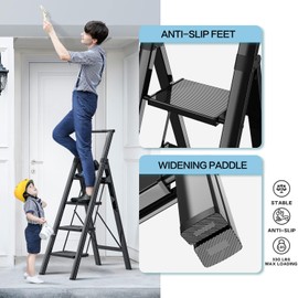 4 Step Ladder,Lightweight Folding Step Stool with Anti-Slip Aluminum Wide Pedal& Convenient Handgrip,3301bs Capacity Steel Ladder for Household and Office(Black)