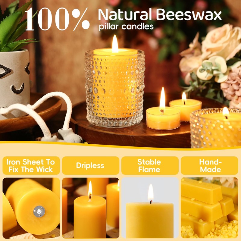 6 Pack Natural Beeswax Pillar Candles,100% Pure Beeswax Candles-192 Hours