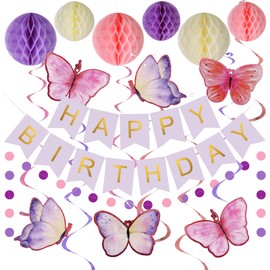 Purple Birthday Decoration - Purple Happy Birthday Banner with Honeycomb Ball, Butterflies Hanging Swirl Streamer, Circle Dot Garland Decoration - Birthday Party Decoration for Women Girl