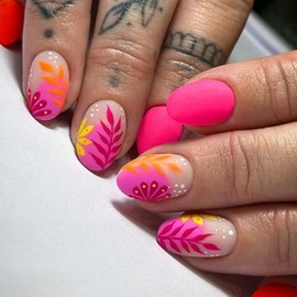 LBPEPAMZ Fall Press on Nails Short Almond Fake Nails Colorful Autumn Maple Leaf False Nails Thanksgiving Full Cover Matte Acrylic Nails Glue on Nails Cute Pink Flower Stick on Nails for Women 24Pcs