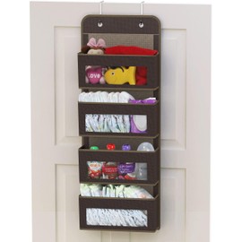 SimpleHouseware Baby Over The Door Wall Mount Hanging Organizer, 4 Clear Window Pocket, Brown