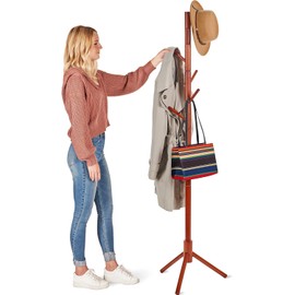 Verahaus High-Grade Wooden Tree Coat Rack Stand, 6 Hooks, Super Easy Assembly NO Tools Required, 3 Adjustable Sizes Free Standing Hallway Coat Hanger Hat Stand (Cherry)