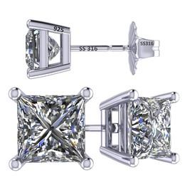 NANA Jewels Princess Cut Simulated Diamond Stud Earrings Silver & CZ Hypoallergenic - Platinum (5.0mm) 1.50ctw