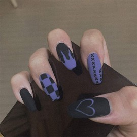 BABALAL Coffin Press on Nails Medium, 24Pcs Black Fake Nails Matte Glue on Nails Purple Red Flame Goth Ballerina Acrylic Nails Manicure False Nails Design for Women and Girls