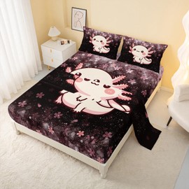 AILONEN Kids Pink Axolotl Fitted Sheet Set Full Size,Kawaii Axolotl Flower Fairy Girls Bed Sheet Set,Lovely Animal Axolotl Fitted Sheet + Flat Sheet + 2 Pillowcases,4 Pieces
