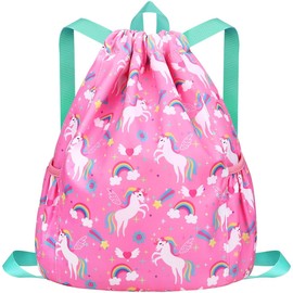 RHCPFOVR Drawstring Backpack for Kids - Unicorn Bags for Girls Mini Gym Dance Beach Swim Travel Bag with Two Water Bottle Holder