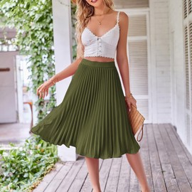 Kate Kasin Women's Pleated Skirts Elastic A-Line Skirt Wear Work Skirt Army Green L KK659-6