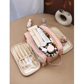 Neceser de Viaje para Maquillaje, Bolsa de Tocador Gran Capacidad Impermeable con Múltiples Compartimentos, Organizador Portátil de Cosméticos con Asa Rosa