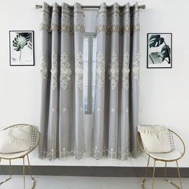Amidoudou 1 Pair European Double Layer Curtains Luxury Embroidered Curtains for Living Room Bedroom (Grey,52x84 Inch)