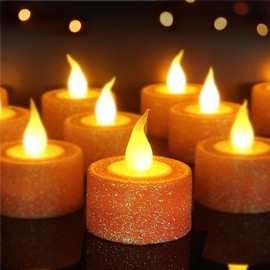 FURORA LIGHTING Orange Glitter LED Tealight Candles Pack of 12, Flameless Flickering Tealight Candles for Home Décor, 1.5’’(W) x 1.65’’(H), Battery Operated